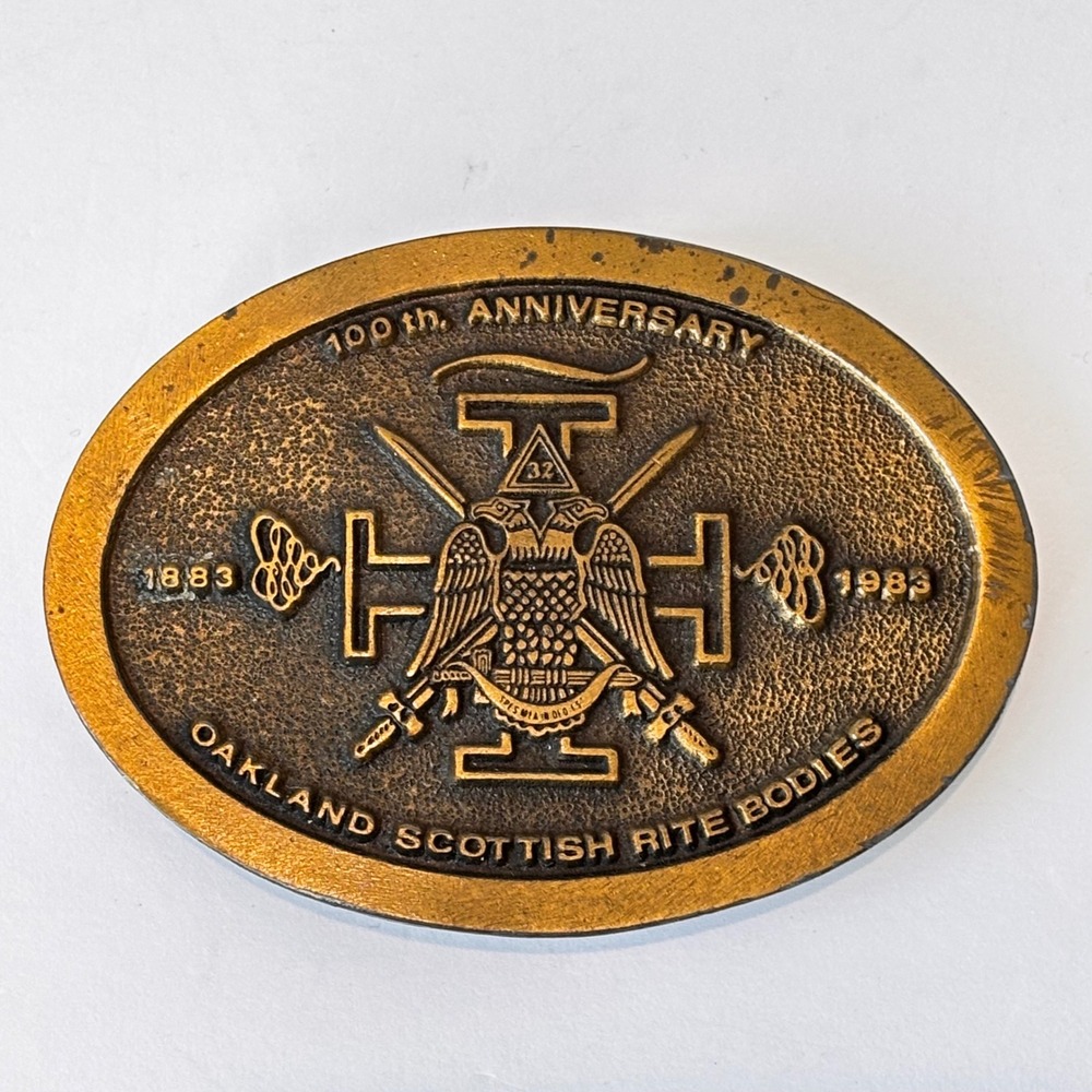 Vintage Brass Belt Buckle Scottish Rite Oakland California 100th Anniversary 80s